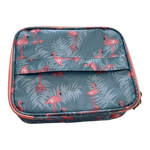 Flamingo Lunch Box, Blue & Pink, Plastic Lining Dividers, Web Pocket, NWOT. - Picture 1 of 7